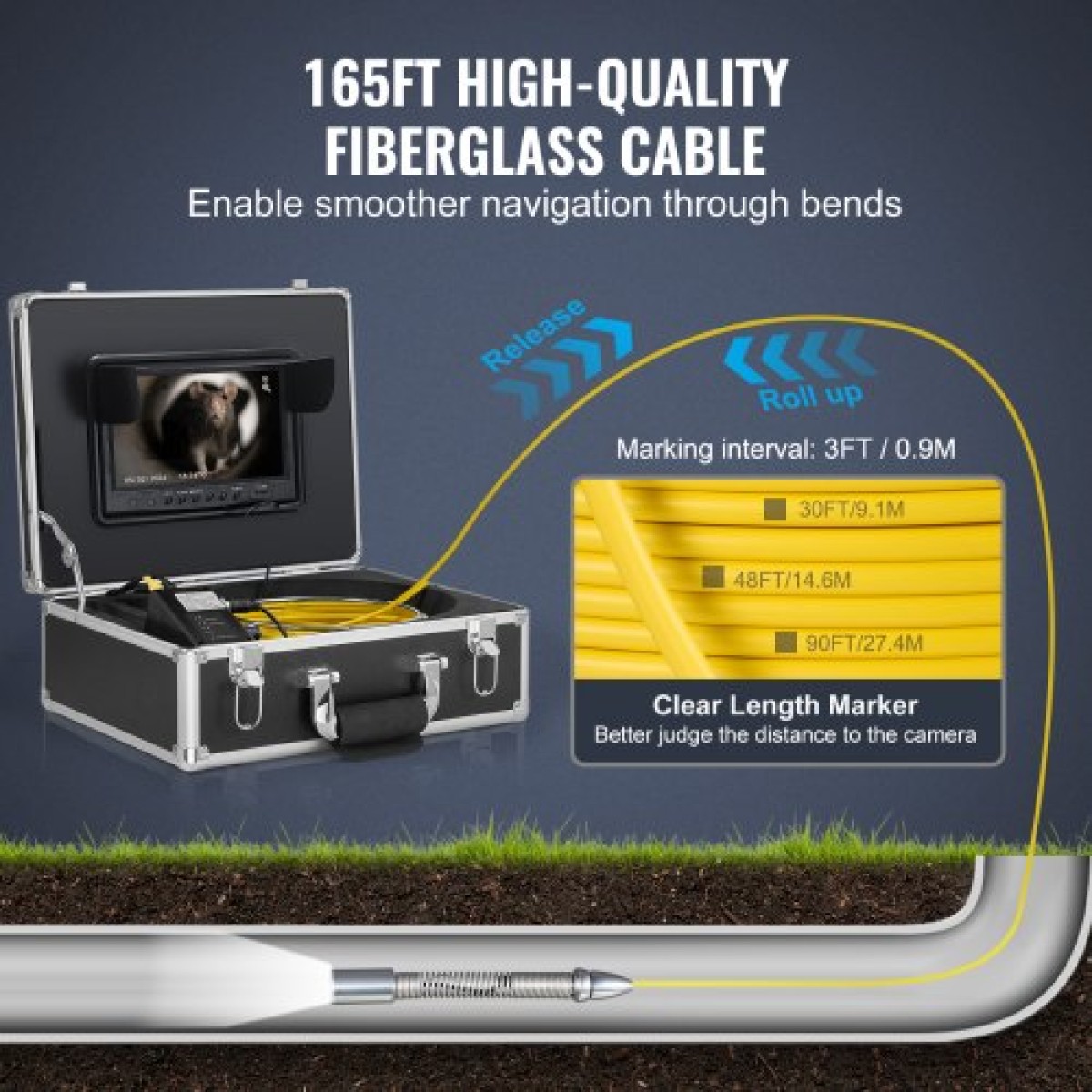 VEVOR Sewer Camera με 512Hz Locator, 165 ft/50 m, Drain Inspection Camera 9" με αυτοεπιπεδούμενη, 36X Zoom, Υδραυλική κάμερα με φώτα-12 LED, κάρτα 32GB, IP68 Waterproof Snake Camera for Duct Pipe