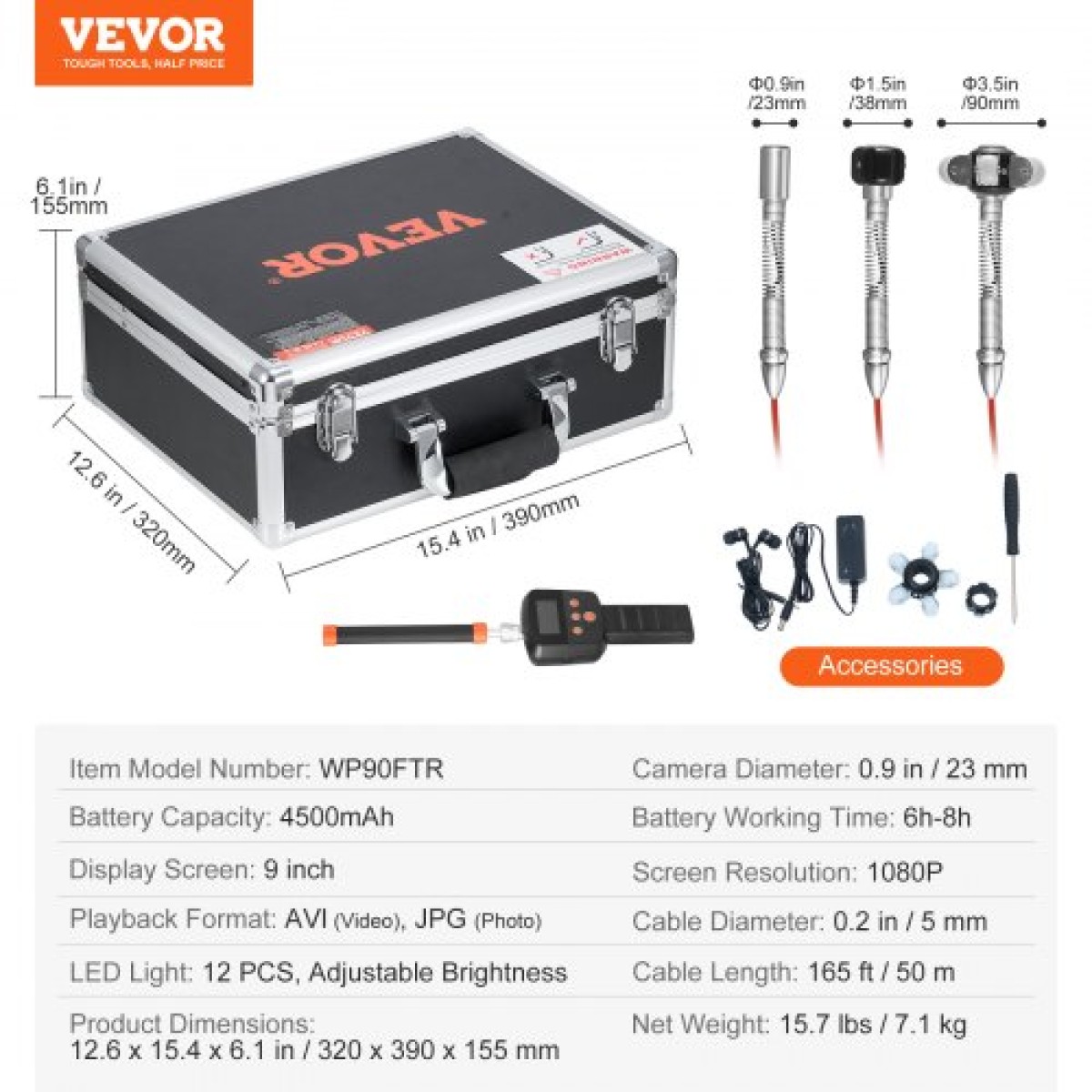 VEVOR Sewer Camera με 512Hz Locator, 165 ft/50 m, Drain Inspection Camera 9" με αυτοεπιπεδούμενη, 36X Zoom, Υδραυλική κάμερα με φώτα-12 LED, κάρτα 32GB, IP68 Waterproof Snake Camera for Duct Pipe