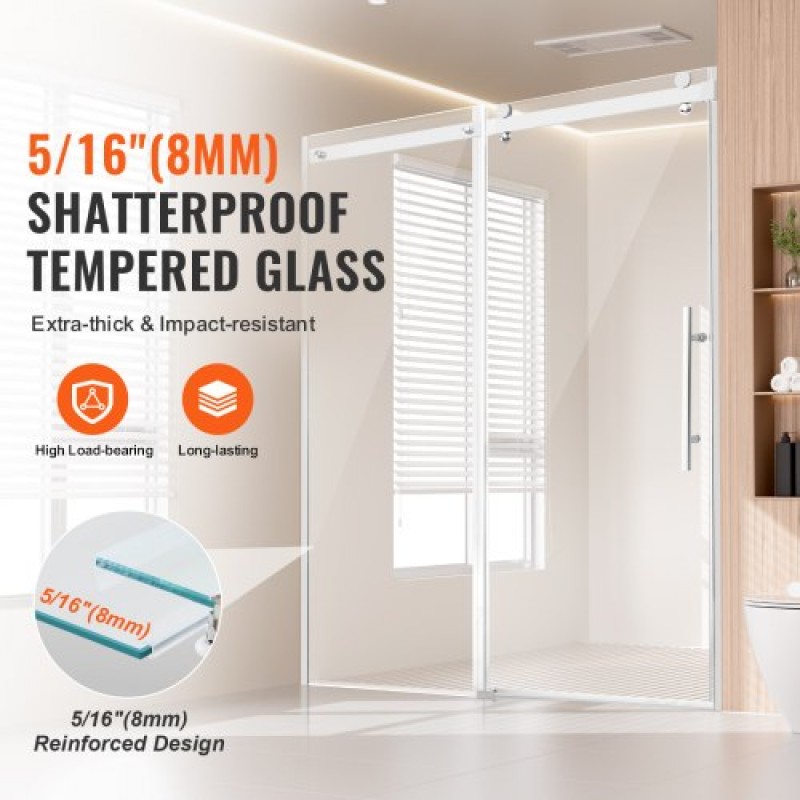Πόρτα ντους χωρίς πλαίσιο VEVOR, 58-59" Π x 75" Υ, Συρόμενη γυάλινη πόρτα ντουζιέρας με διαφανές σκληρυμένο γυαλί SGCC 5/16" (8 χιλιοστά), αδιάβροχο αδιάβροχο NANO Ανθεκτικό στους λεκέδες με υλικό από ανοξείδωτο χάλυβα, χρώμιο