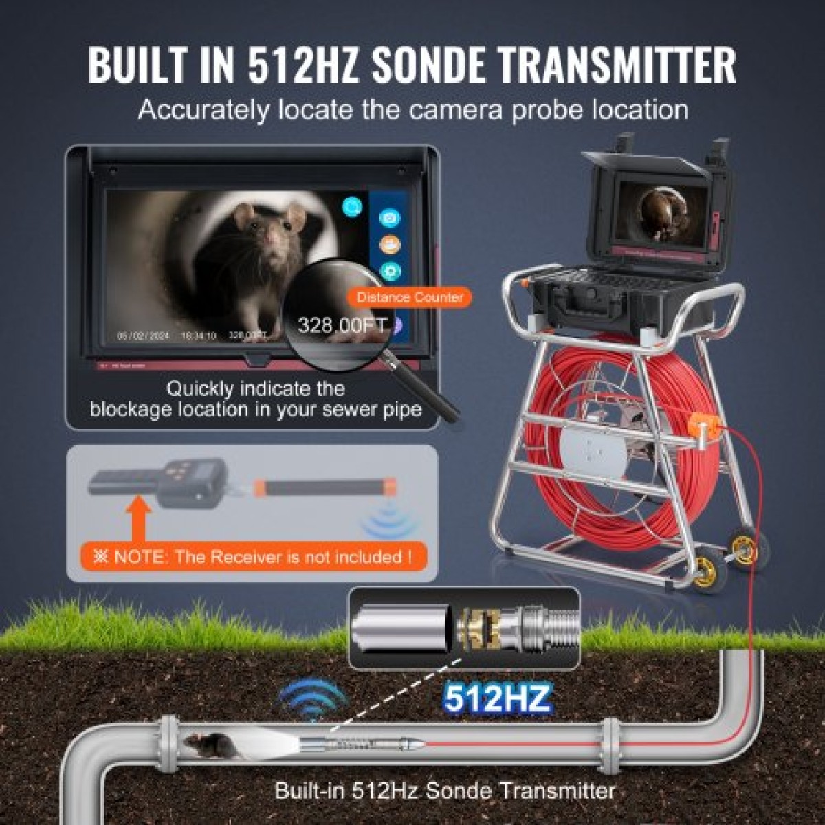 VEVOR Sewer Camera, 328 ft/100m, Αυτοεπιπεδούμενη κάμερα αποστράγγισης με οθόνη αφής 10,1", πομπός 512 Hz & μετρητής απόστασης, IP67 Snake υδραυλική κάμερα με φώτα-12 LED, κάρτα 32 GB για σωλήνα αγωγού