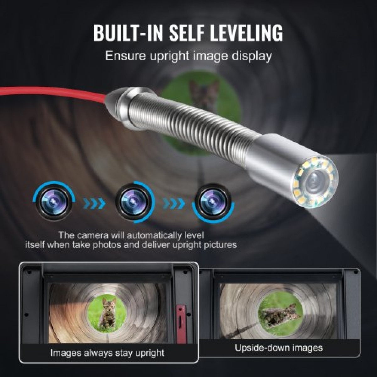 VEVOR Sewer Camera, 328 ft/100m, Αυτοεπιπεδούμενη κάμερα αποστράγγισης με οθόνη αφής 10,1", πομπός 512 Hz & μετρητής απόστασης, IP67 Snake υδραυλική κάμερα με φώτα-12 LED, κάρτα 32 GB για σωλήνα αγωγού