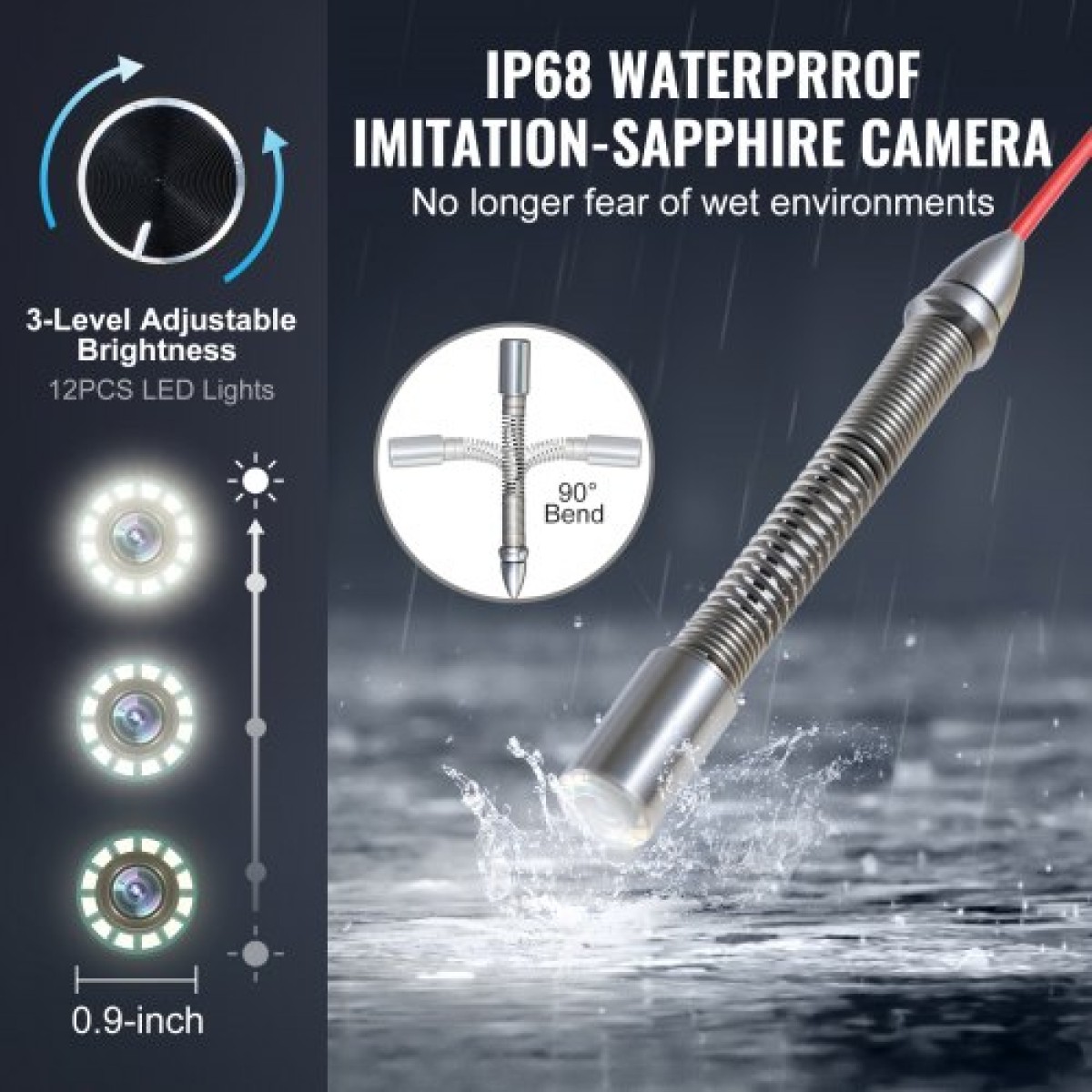 VEVOR Sewer Camera, 328 ft/100m, Αυτοεπιπεδούμενη κάμερα αποστράγγισης με οθόνη αφής 10,1", πομπός 512 Hz & μετρητής απόστασης, IP67 Snake υδραυλική κάμερα με φώτα-12 LED, κάρτα 32 GB για σωλήνα αγωγού