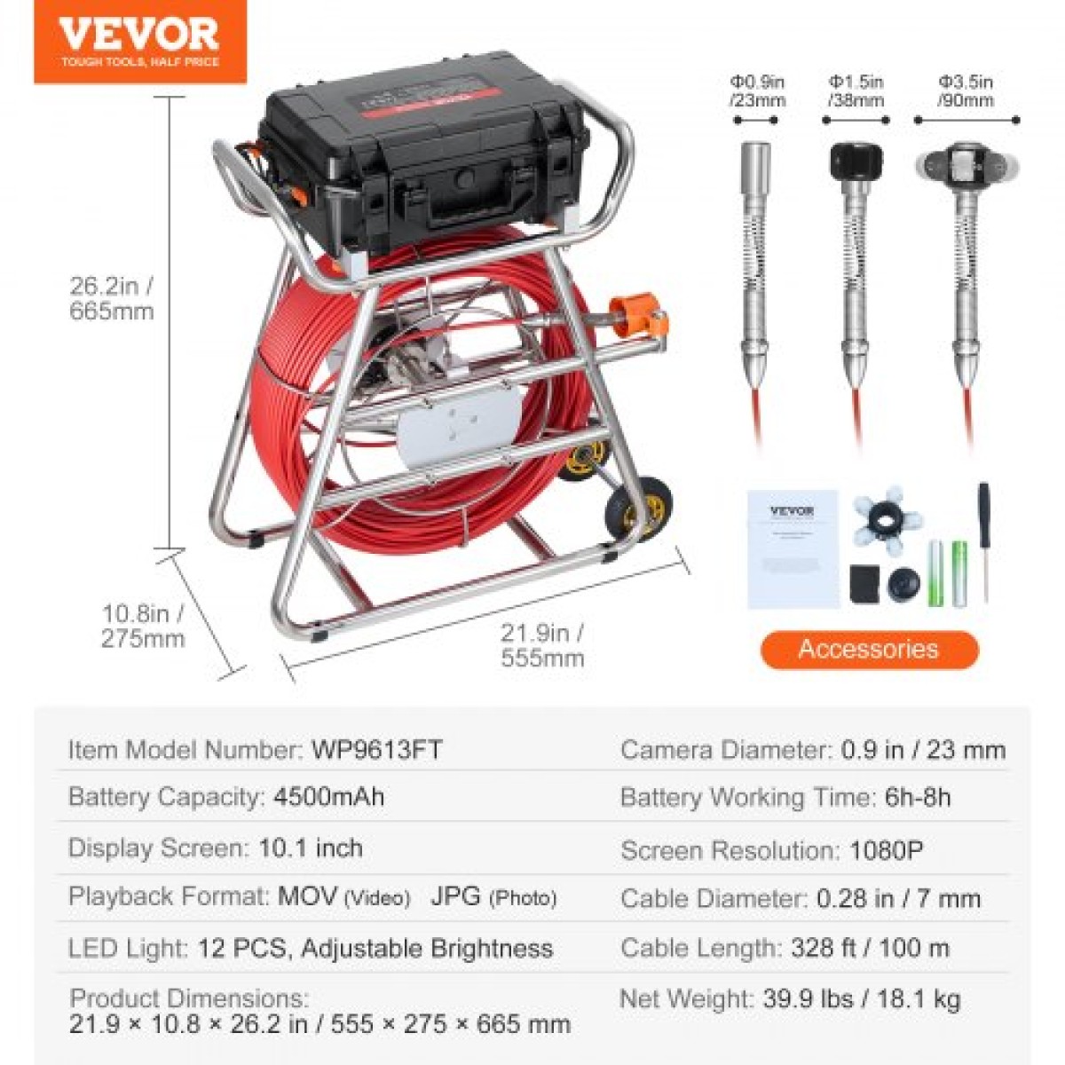 VEVOR Sewer Camera, 328 ft/100m, Αυτοεπιπεδούμενη κάμερα αποστράγγισης με οθόνη αφής 10,1", πομπός 512 Hz & μετρητής απόστασης, IP67 Snake υδραυλική κάμερα με φώτα-12 LED, κάρτα 32 GB για σωλήνα αγωγού