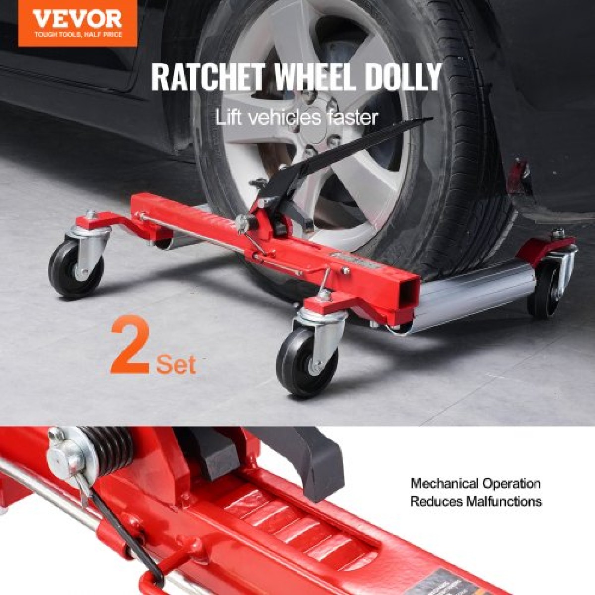 VEVOR Wheel Dolly, Max Capacity 1500 Lbs Car Dolly, Car Jack Dolly Lifter με περιστρεφόμενους τροχούς 360°, βαρέως τύπου οχήματος Ratchet Tire Jack, for Vehicle Car Auto Repair Moving, Σετ 2