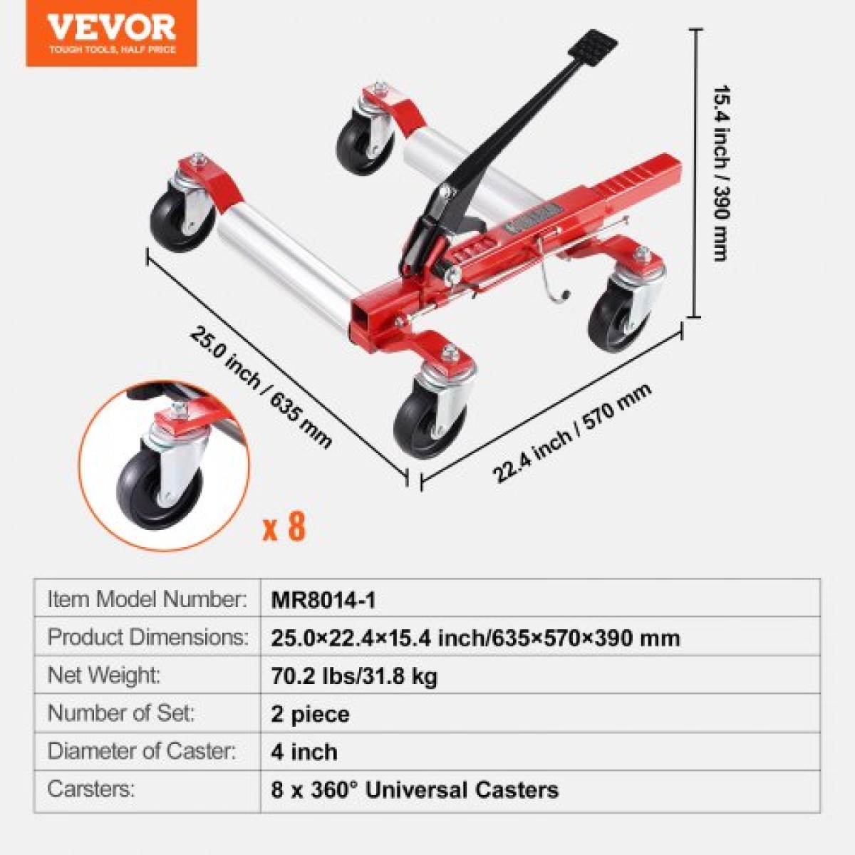 VEVOR Wheel Dolly, Max Capacity 1500 Lbs Car Dolly, Car Jack Dolly Lifter με περιστρεφόμενους τροχούς 360°, βαρέως τύπου οχήματος Ratchet Tire Jack, for Vehicle Car Auto Repair Moving, Σετ 2