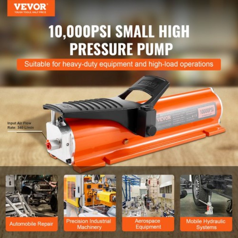 VEVOR 689 bar (10.000 PSI) Air Hydraulic Pump, 0,7 L (0,18 Gal) Reservoir, NPT 9,5mm (3/8 In) Oil Outlet, NPT 6,4mm (1/4 In), Metal Shell Air Actuated Treadle Foot Pump, for Preciment Equimental Machine