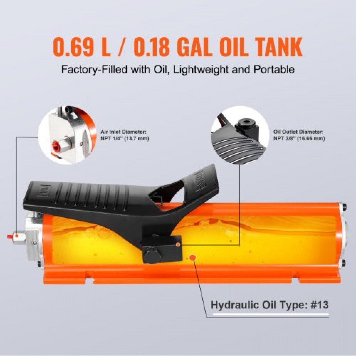 VEVOR 689 bar (10.000 PSI) Air Hydraulic Pump, 0,7 L (0,18 Gal) Reservoir, NPT 9,5mm (3/8 In) Oil Outlet, NPT 6,4mm (1/4 In), Metal Shell Air Actuated Treadle Foot Pump, for Preciment Equimental Machine