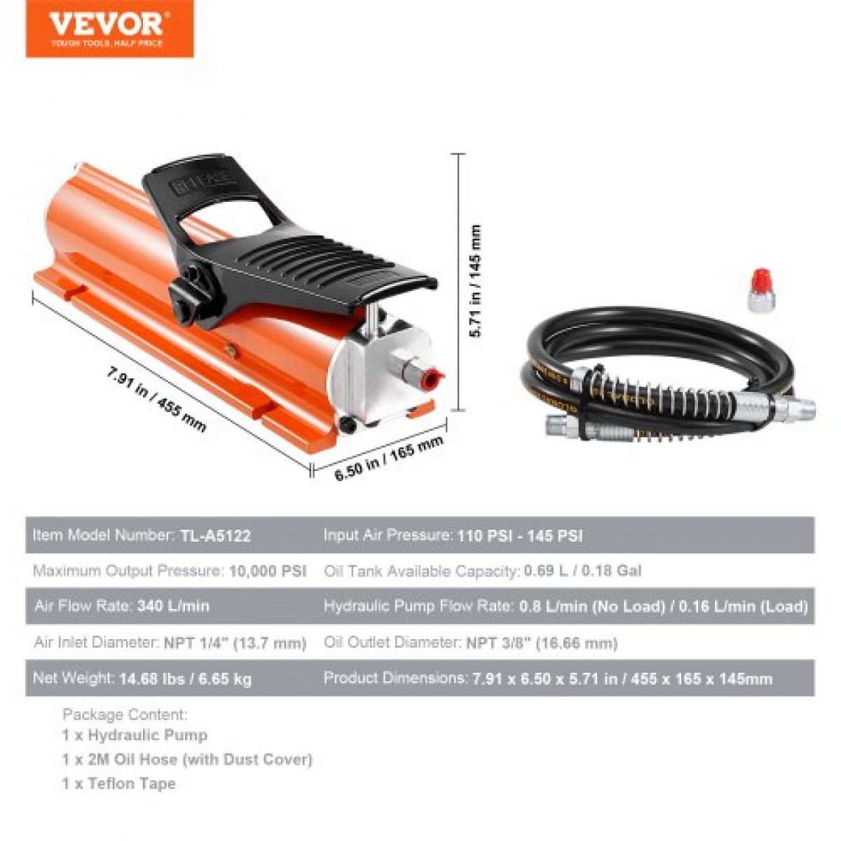 VEVOR 689 bar (10.000 PSI) Air Hydraulic Pump, 0,7 L (0,18 Gal) Reservoir, NPT 9,5mm (3/8 In) Oil Outlet, NPT 6,4mm (1/4 In), Metal Shell Air Actuated Treadle Foot Pump, for Preciment Equimental Machine