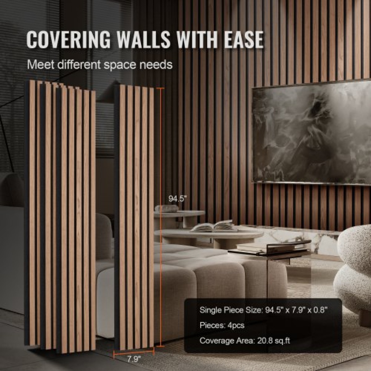 Ακουστικά πάνελ VEVOR Wood Slat, 7,9 x 94,5 ίντσες, ξύλινα πάνελ τοίχου MDF για μοντέρνο εσωτερικό τοίχο, πάνελ τοίχου από ψεύτικο ξύλο για κομψή διακόσμηση και μείωση θορύβου, καρυδιά