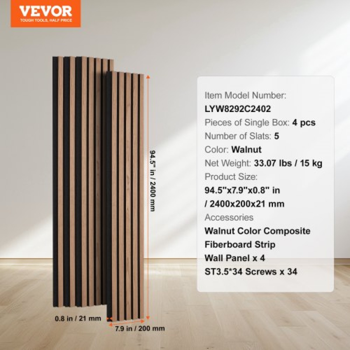 Ακουστικά πάνελ VEVOR Wood Slat, 7,9 x 94,5 ίντσες, ξύλινα πάνελ τοίχου MDF για μοντέρνο εσωτερικό τοίχο, πάνελ τοίχου από ψεύτικο ξύλο για κομψή διακόσμηση και μείωση θορύβου, καρυδιά