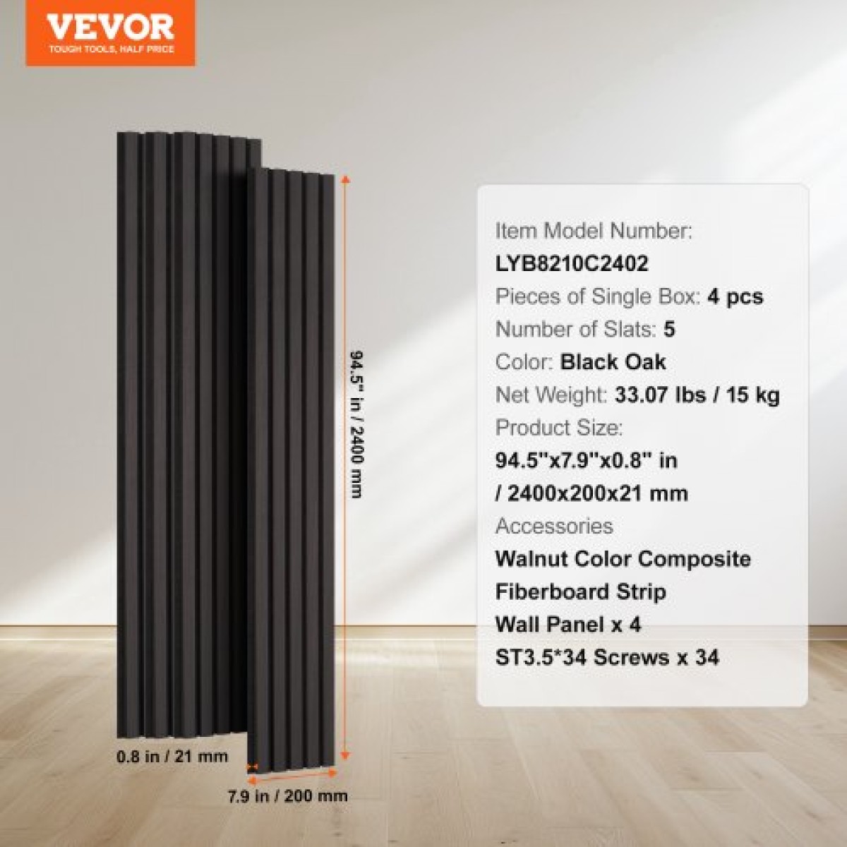 Ακουστικά πάνελ VEVOR Wood Slat, 7,9 x 94,5 ίντσες, ξύλινα πάνελ τοίχου MDF Accent για μοντέρνα εσωτερική διακόσμηση τοίχων, πάνελ τοίχου από ψεύτικο ξύλο για μείωση θορύβου, μαύρη βελανιδιά
