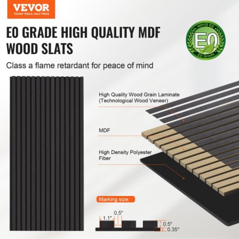Ακουστικά πάνελ VEVOR Wood Slat, 23,6 x 47,2 ιντσών, ξύλινα πάνελ τοίχου MDF Accent για μοντέρνα εσωτερική διακόσμηση τοίχων, πάνελ τοίχου από ψεύτικο ξύλο για μείωση θορύβου, μαύρη δρυς