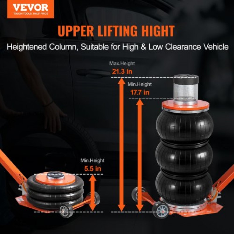 VEVOR Air Jack, 3 Ton/6600 lbs, 1-6S πνευματικός γρύλος ανύψωσης με ψηλή στήλη & ρυθμιζόμενη λαβή, συμπαγής, εύκολος στην ανύψωση και εξοικονόμηση χώρου με παχύ λαστιχένιο μαξιλαράκι, κατάλληλος για Sedan, SUV, Pickup Truck