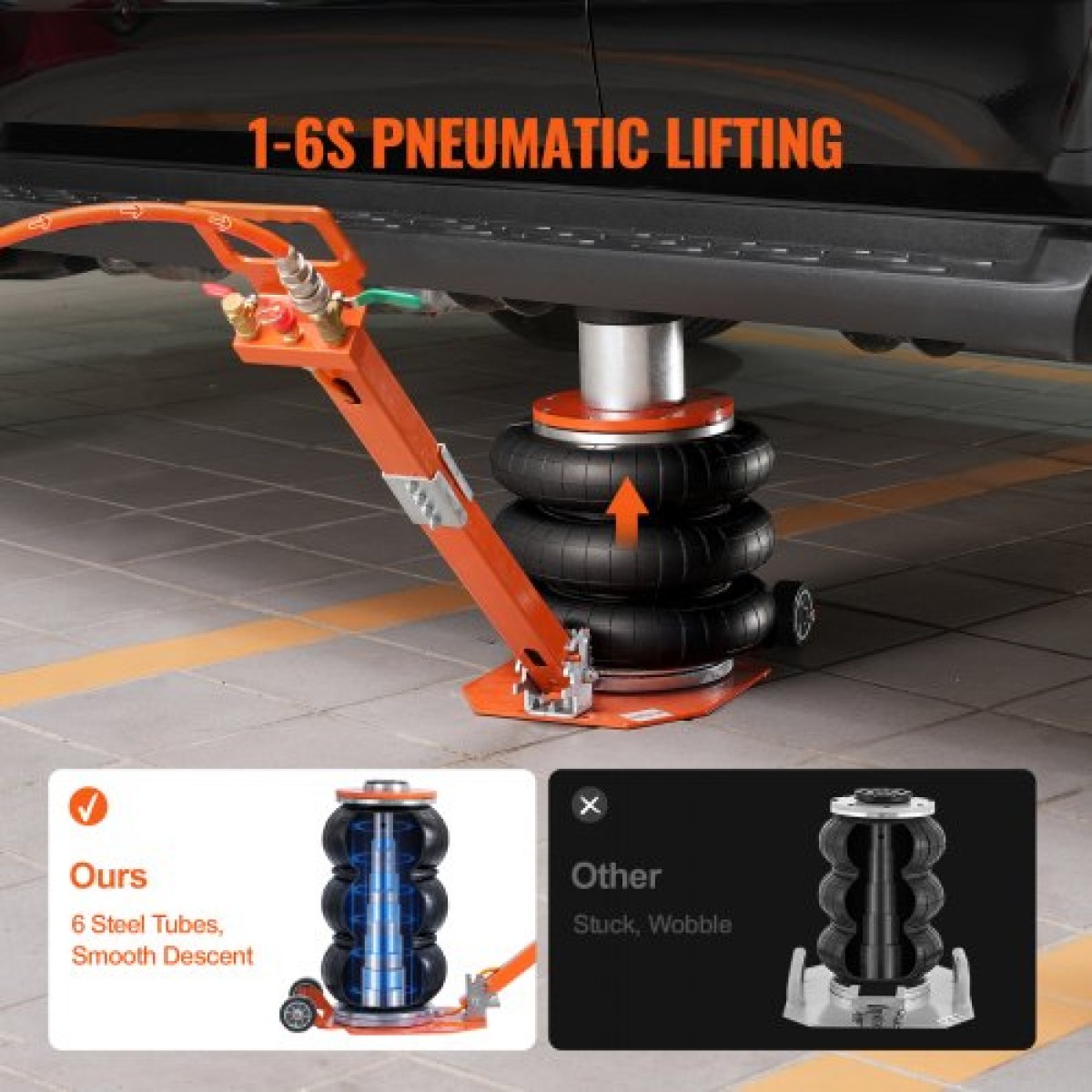 VEVOR Air Jack, 3 Ton/6600 lbs, 1-6S πνευματικός γρύλος ανύψωσης με ψηλή στήλη & ρυθμιζόμενη λαβή, συμπαγής, εύκολος στην ανύψωση και εξοικονόμηση χώρου με παχύ λαστιχένιο μαξιλαράκι, κατάλληλος για Sedan, SUV, Pickup Truck