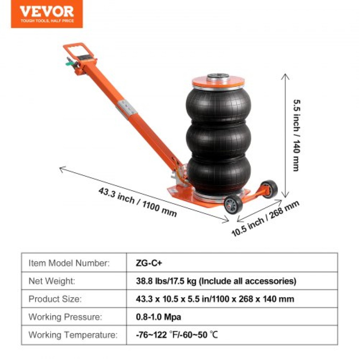 VEVOR Air Jack, 3 Ton/6600 lbs, 1-6S πνευματικός γρύλος ανύψωσης με ψηλή στήλη & ρυθμιζόμενη λαβή, συμπαγής, εύκολος στην ανύψωση και εξοικονόμηση χώρου με παχύ λαστιχένιο μαξιλαράκι, κατάλληλος για Sedan, SUV, Pickup Truck