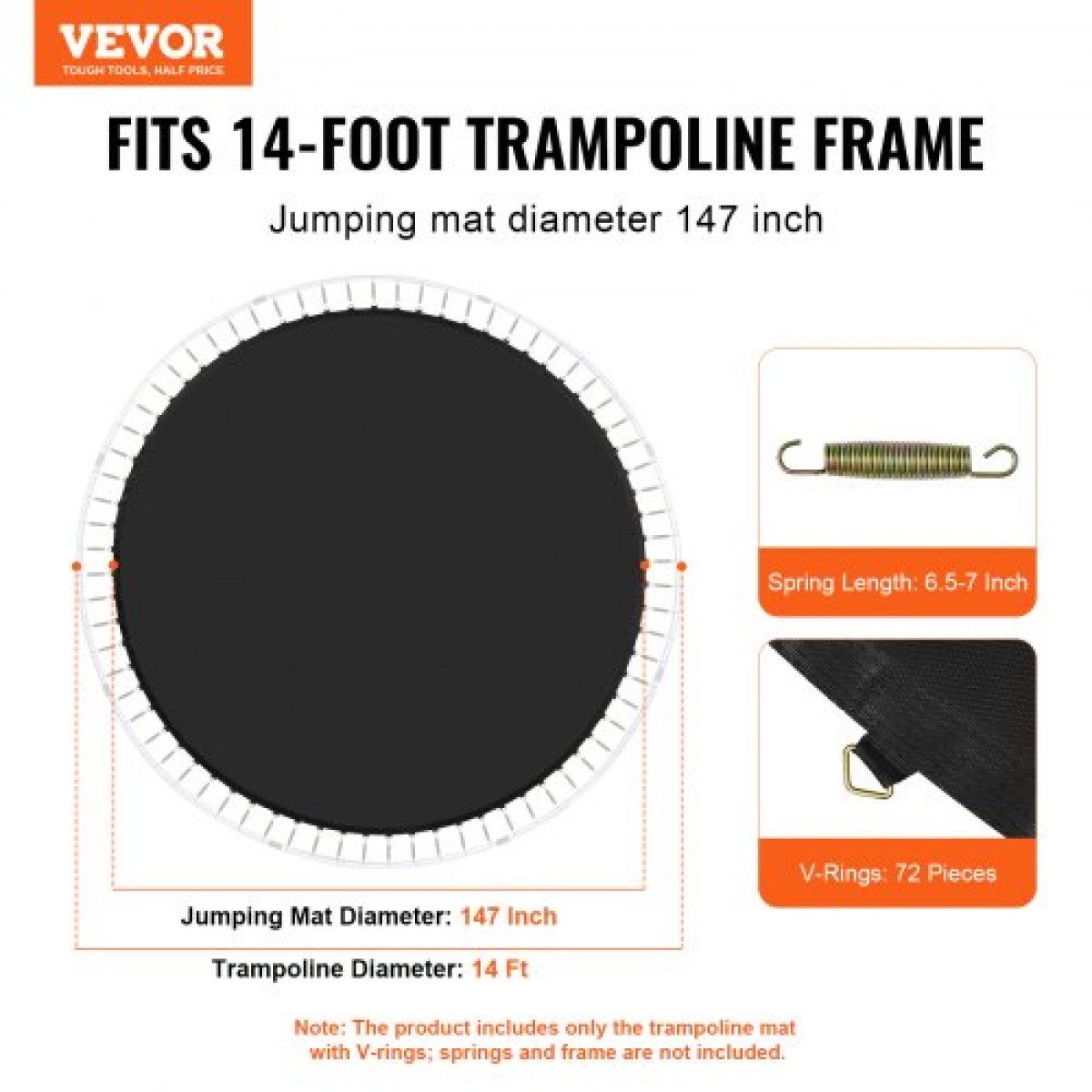 Ανταλλακτικό VEVOR πατάκι τραμπολίνου, Jumping Mat ταιριάζει σε πλαίσιο 14 ποδιών, Universal Jumping Mat για στρογγυλό τραμπολίνο 14 ποδών, Ενισχυμένο στρώμα ανθεκτικό στην υπεριώδη ακτινοβολία με ελατηριωτό εργαλείο & ανθεκτικοί δακτύλιοι V, Εφαρμογή