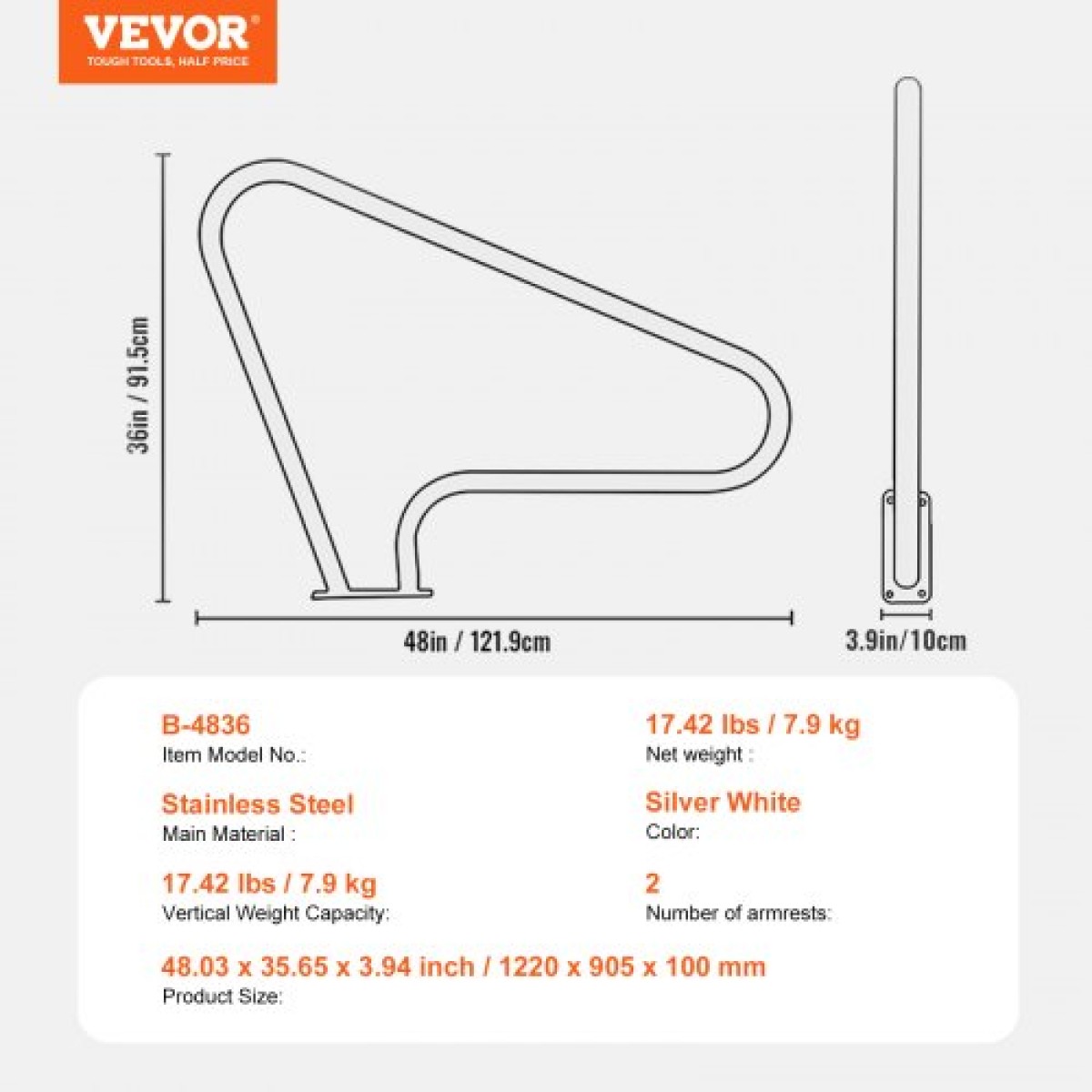 Κουπαστή πισίνας VEVOR, 2 ΤΕΜ. Κάγκελα πισίνας 48x36 ιντσών, ανοξείδωτο ατσάλι με βάση για εσωτερικές/εξωτερικές πισίνες, κιγκλίδωμα ασφαλείας πισίνας για καταστρώματα, αντισκωριακή λαβή με κάλυμμα λαβής και αξεσουάρ για σπα