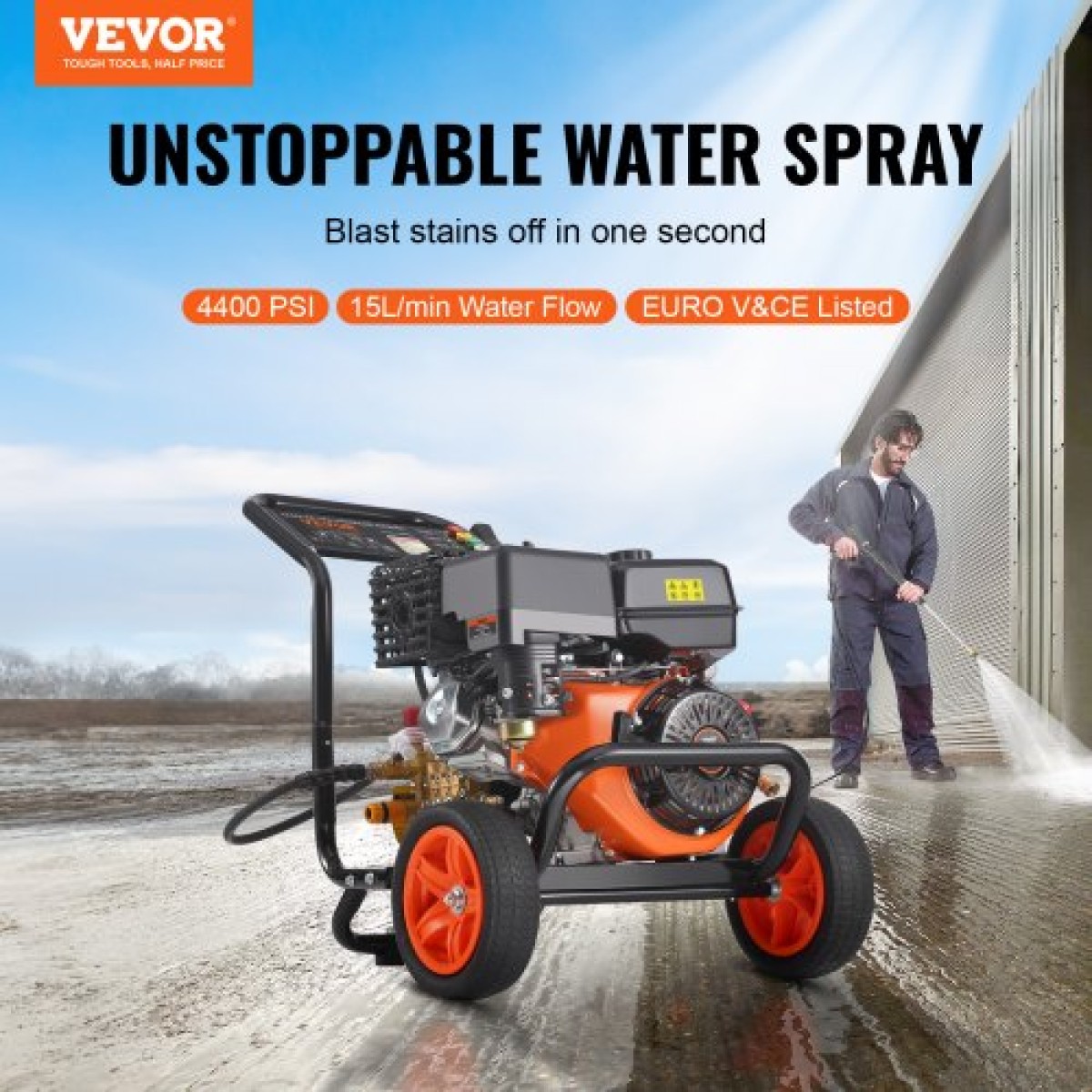 VEVOR Gas Pressure Washer, 4400 PSI 15L/min, 4 GPM Gas powered Pressure Wash with Χάλκινη αντλία, πιστόλι ψεκασμού και ράβδο επέκτασης, σετ 5 ακροφυσίων, για αυτοκίνητα, φράχτες, σπίτια, δρόμους, αυλές, έπιπλα