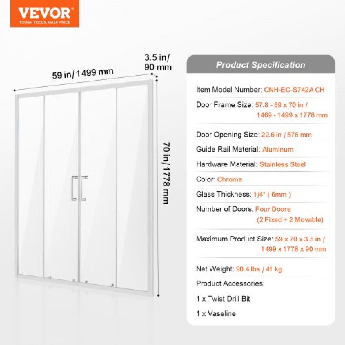VEVOR Πόρτα ντους ημι-πλαίσιο, 57,8-59" Π x 70" Υ, Διπλή συρόμενη γυάλινη πόρτα με 1/4" (6mm) διαφανές σκληρυμένο γυαλί, αδιάβροχο αδιάβροχο NANO Ανθεκτικό στους λεκέδες με υλικό από ανοξείδωτο χάλυβα, χρώμιο