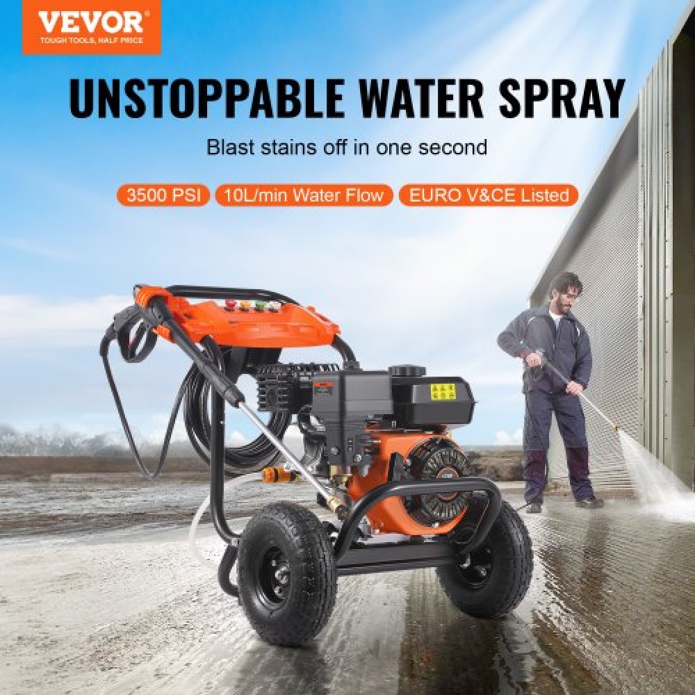 VEVOR Gas Pressure Washer, 3500 PSI 10L/min, 2,6 GPM Gas powered Pressure Washing with aluminium Pump, πιστόλι ψεκασμού και ράβδο επέκτασης, σετ 5 ακροφυσίων, για αυτοκίνητα, φράχτες, σπίτια, δρόμους, αίθρια, έπιπλα