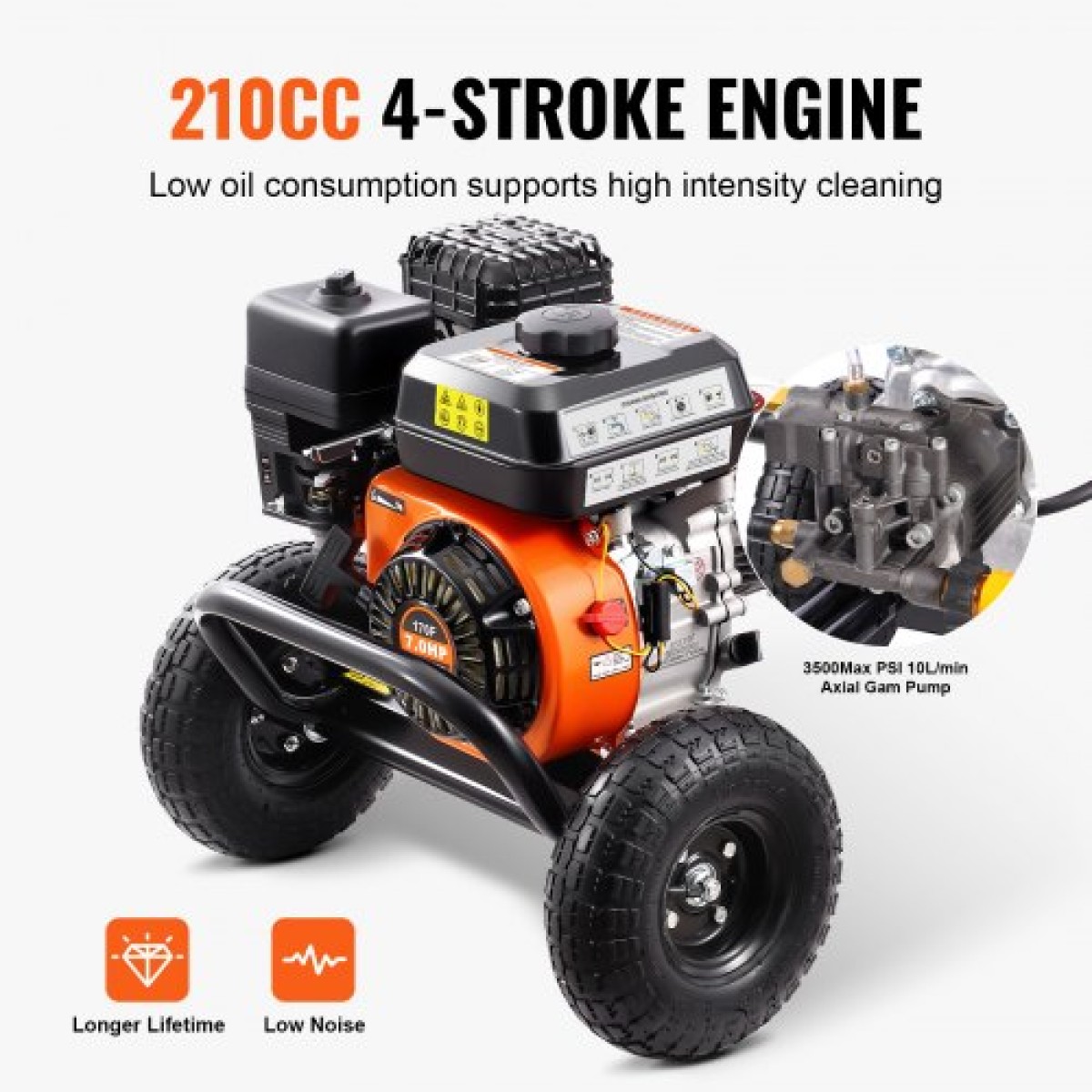 VEVOR Gas Pressure Washer, 3500 PSI 10L/min, 2,6 GPM Gas powered Pressure Washing with aluminium Pump, πιστόλι ψεκασμού και ράβδο επέκτασης, σετ 5 ακροφυσίων, για αυτοκίνητα, φράχτες, σπίτια, δρόμους, αίθρια, έπιπλα