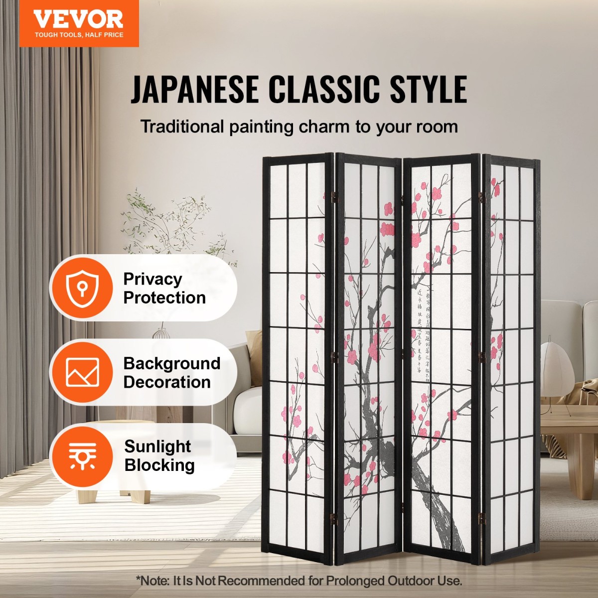 VEVOR Room Divider, Ιαπωνική οθόνη διαιρέτη δωματίων 4 πάνελ, Ξύλινη αναδιπλούμενη οθόνη ιδιωτικότητας εσωτερικού χώρου, ιαπωνικό χώρισμα φορητά διακοσμητικά διαχωριστικά, για διαχωρισμό δωματίων Home Office Εστιατόριο & Υπνοδωμάτιο