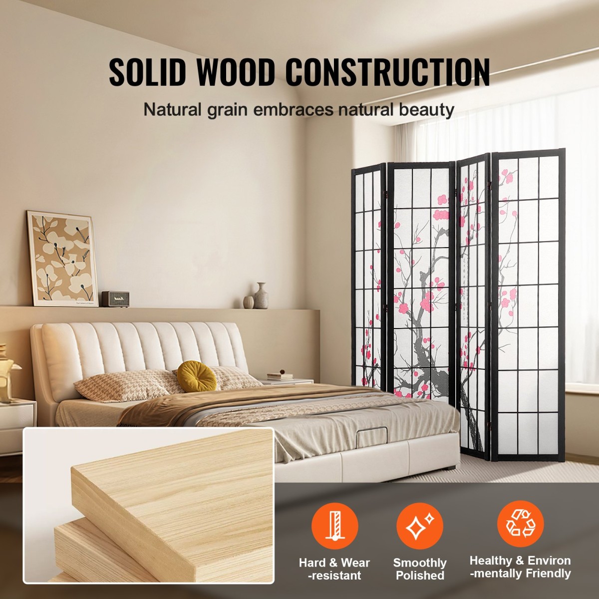 VEVOR Room Divider, Ιαπωνική οθόνη διαιρέτη δωματίων 4 πάνελ, Ξύλινη αναδιπλούμενη οθόνη ιδιωτικότητας εσωτερικού χώρου, ιαπωνικό χώρισμα φορητά διακοσμητικά διαχωριστικά, για διαχωρισμό δωματίων Home Office Εστιατόριο & Υπνοδωμάτιο
