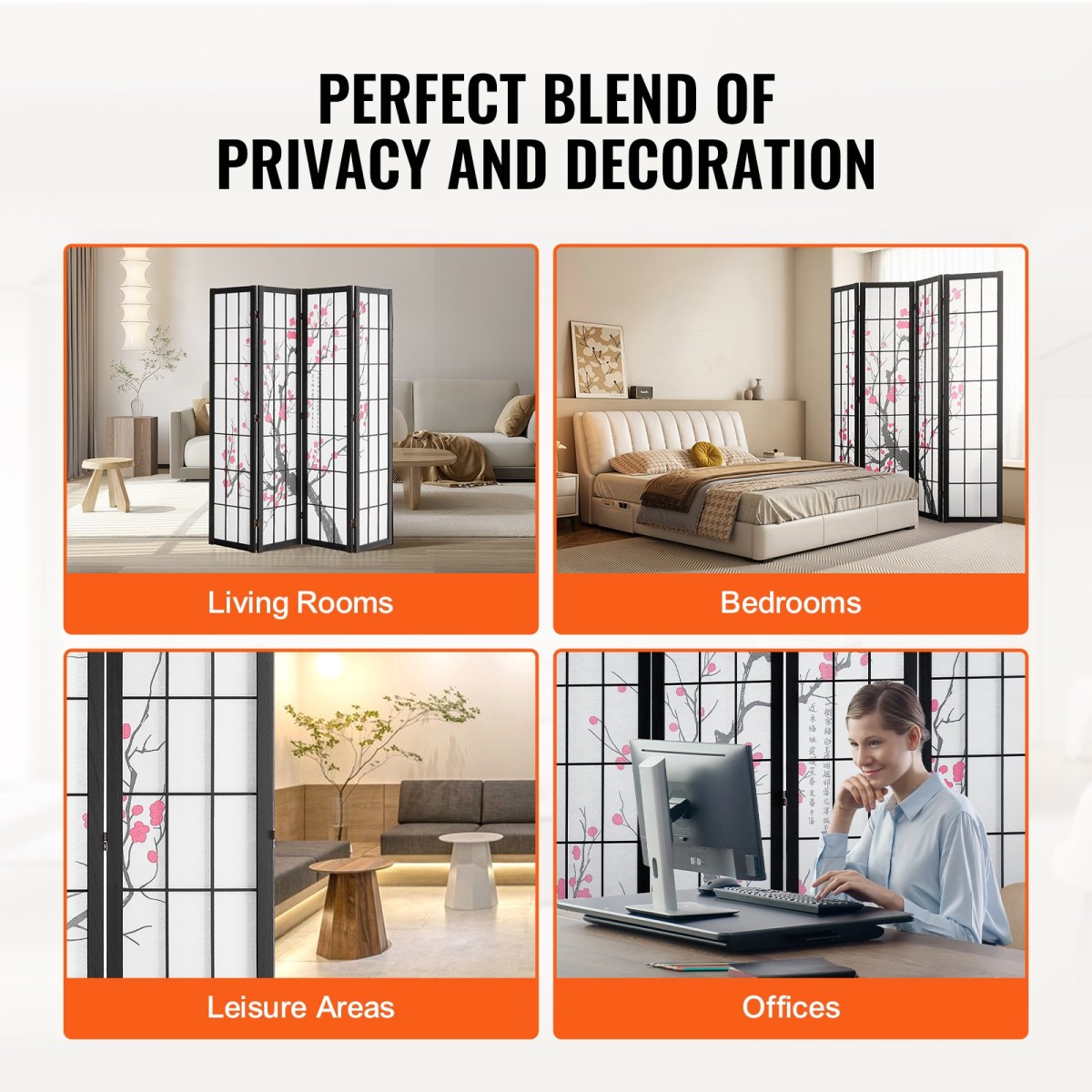VEVOR Room Divider, Ιαπωνική οθόνη διαιρέτη δωματίων 4 πάνελ, Ξύλινη αναδιπλούμενη οθόνη ιδιωτικότητας εσωτερικού χώρου, ιαπωνικό χώρισμα φορητά διακοσμητικά διαχωριστικά, για διαχωρισμό δωματίων Home Office Εστιατόριο & Υπνοδωμάτιο