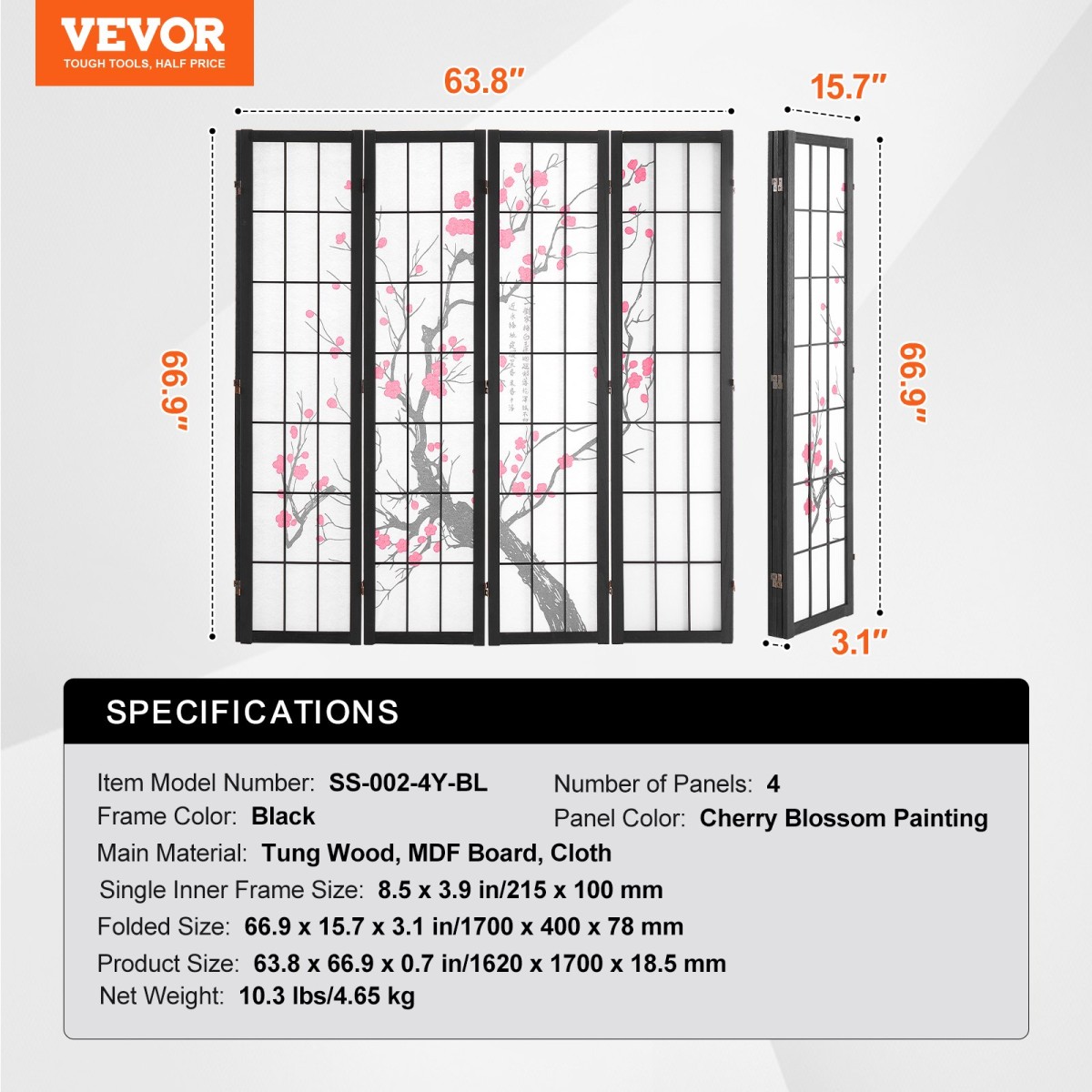 VEVOR Room Divider, Ιαπωνική οθόνη διαιρέτη δωματίων 4 πάνελ, Ξύλινη αναδιπλούμενη οθόνη ιδιωτικότητας εσωτερικού χώρου, ιαπωνικό χώρισμα φορητά διακοσμητικά διαχωριστικά, για διαχωρισμό δωματίων Home Office Εστιατόριο & Υπνοδωμάτιο
