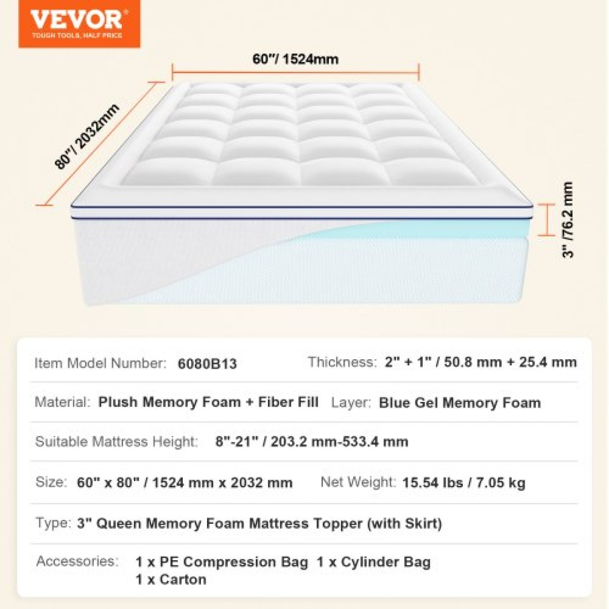 VEVOR Topper στρώματος Premium Memory Fiber Fill Queen 76,2 mm Πάχος 1524x2032x76,2 mm