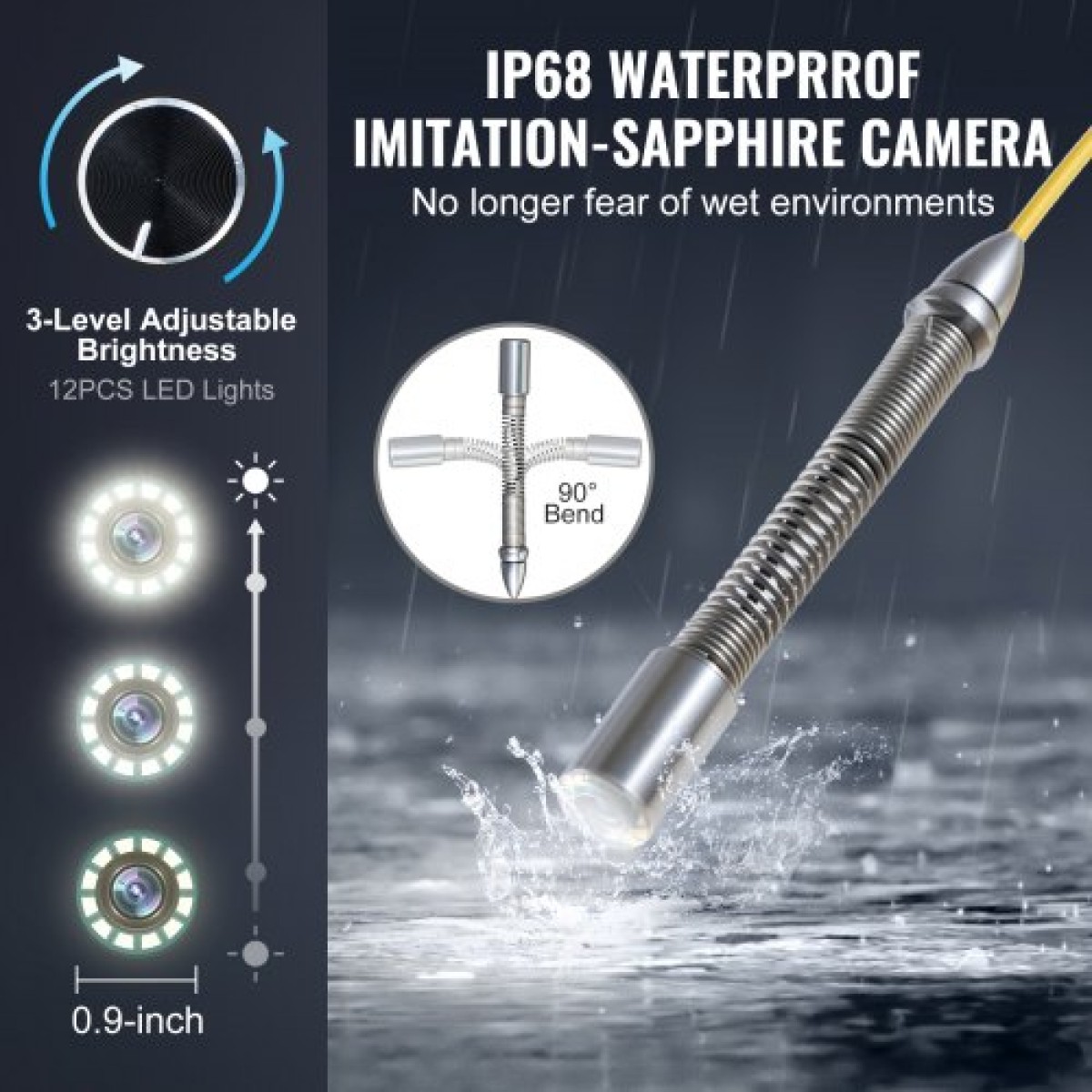 VEVOR Sewer Camera, 165 ft/50m, Αυτοεπιπεδούμενη κάμερα αποστράγγισης με οθόνη αφής 10,1", πομπός 512 Hz & μετρητής απόστασης, IP67 Snake υδραυλική κάμερα με φώτα-12 LED, κάρτα 32 GB για σωλήνα αγωγού