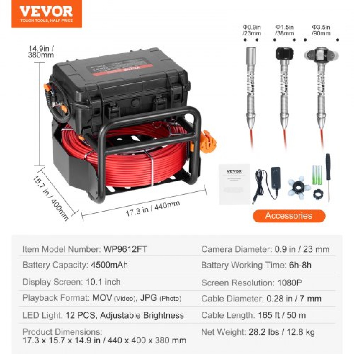 VEVOR Sewer Camera, 165 ft/50m, Αυτοεπιπεδούμενη κάμερα αποστράγγισης με οθόνη αφής 10,1", πομπός 512 Hz & μετρητής απόστασης, IP67 Snake υδραυλική κάμερα με φώτα-12 LED, κάρτα 32 GB για σωλήνα αγωγού