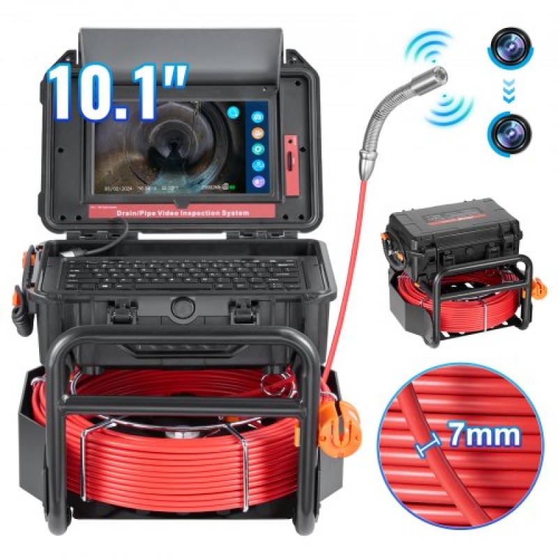 VEVOR Sewer Camera, 165 ft/50m, Αυτοεπιπεδούμενη κάμερα αποστράγγισης με οθόνη αφής 10,1", πομπός 512 Hz & μετρητής απόστασης, IP67 Snake υδραυλική κάμερα με φώτα-12 LED, κάρτα 32 GB για σωλήνα αγωγού