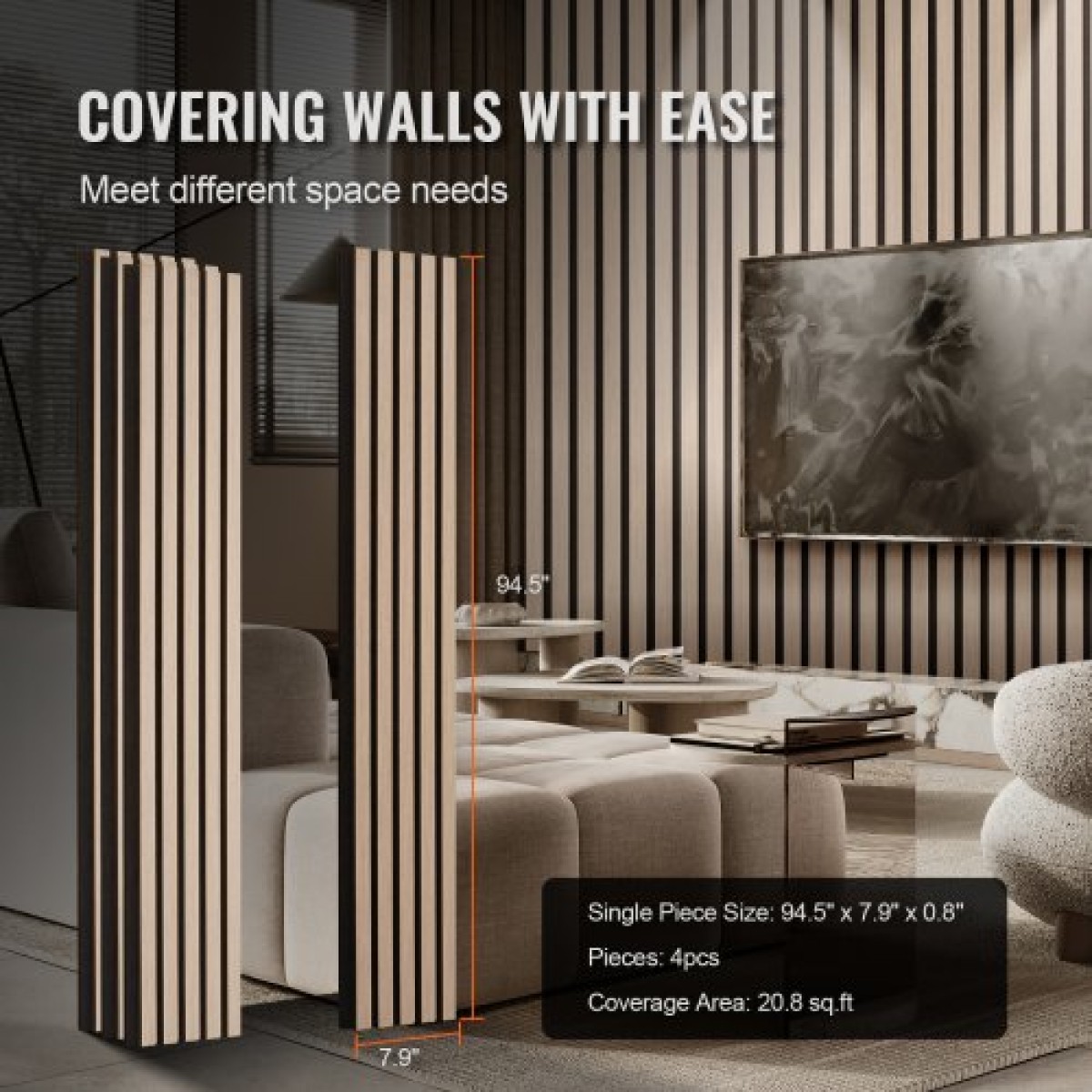 Ακουστικά πάνελ VEVOR Wood Slat, 7,9 x 94,5 ιντσών, MDF Accent Ξύλινα πάνελ τοίχου για μοντέρνα εσωτερική διακόσμηση τοίχων, πάνελ τοίχου από ψεύτικο ξύλο για μείωση θορύβου, ασημί ξύλο