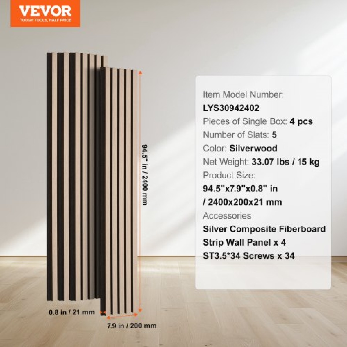 Ακουστικά πάνελ VEVOR Wood Slat, 7,9 x 94,5 ιντσών, MDF Accent Ξύλινα πάνελ τοίχου για μοντέρνα εσωτερική διακόσμηση τοίχων, πάνελ τοίχου από ψεύτικο ξύλο για μείωση θορύβου, ασημί ξύλο