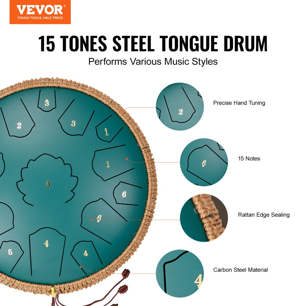 VEVOR Steel Tongue Drum, 14 in & 15 Notes, Rain Drum for Outside Garden, D Major Key, Tank Drum with 2 Mallets & Carry Bag, Hand Pan Drum Drum Percussion Instrument for Musical Education Yoga, Green