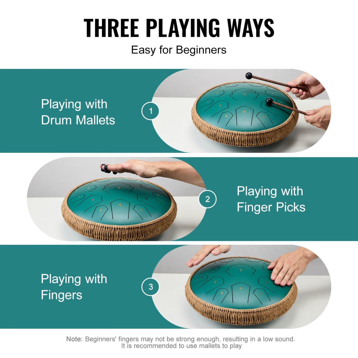 VEVOR Steel Tongue Drum, 14 in & 15 Notes, Rain Drum for Outside Garden, D Major Key, Tank Drum with 2 Mallets & Carry Bag, Hand Pan Drum Drum Percussion Instrument for Musical Education Yoga, Green