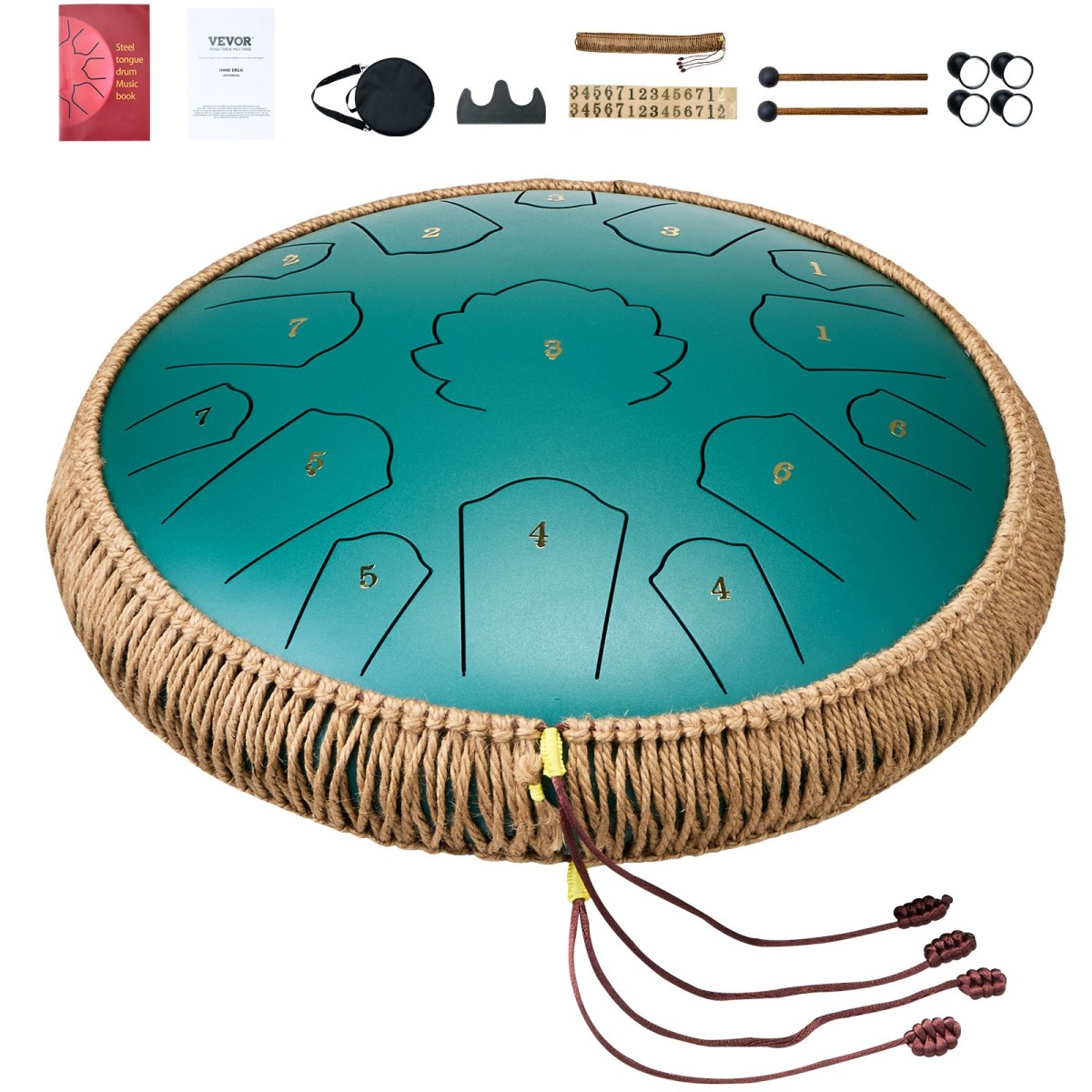 VEVOR Steel Tongue Drum, 14 in & 15 Notes, Rain Drum for Outside Garden, D Major Key, Tank Drum with 2 Mallets & Carry Bag, Hand Pan Drum Drum Percussion Instrument for Musical Education Yoga, Green