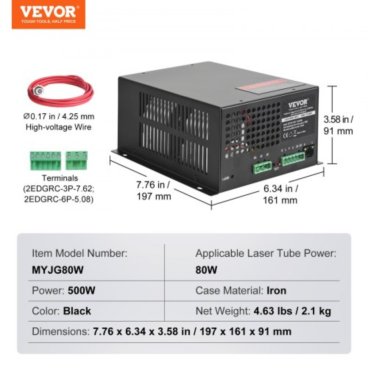 Τροφοδοτικό λέιζερ VEVOR CO2, 80W, Τροφοδοτικό για σωλήνα λέιζερ 80W, Προστασία σταθερού ρεύματος, Προστασία ανοιχτού κυκλώματος, Γρήγορη απαγωγή θερμότητας, Συμβατό για χαράκτες και κόφτες λέιζερ πολλαπλών επωνύμων
