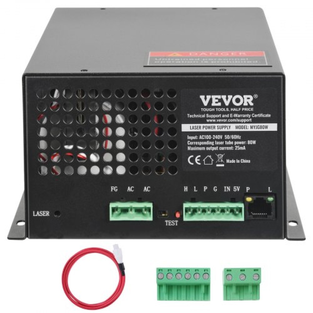 Τροφοδοτικό λέιζερ VEVOR CO2, 80W, Τροφοδοτικό για σωλήνα λέιζερ 80W, Προστασία σταθερού ρεύματος, Προστασία ανοιχτού κυκλώματος, Γρήγορη απαγωγή θερμότητας, Συμβατό για χαράκτες και κόφτες λέιζερ πολλαπλών επωνύμων