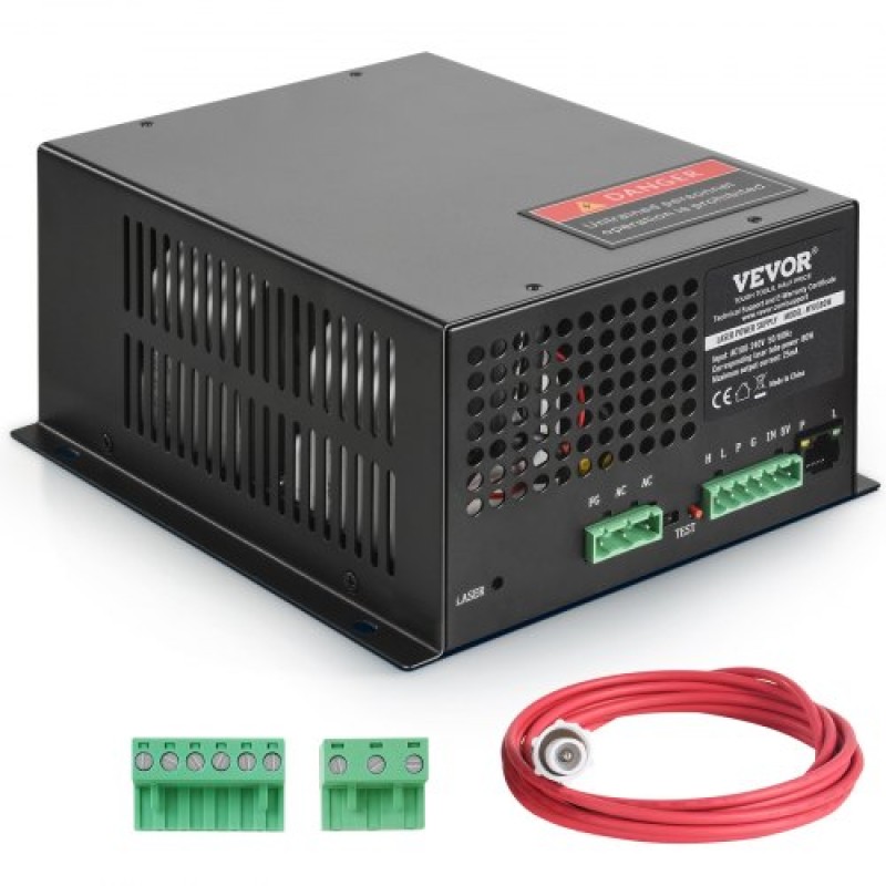 Τροφοδοτικό λέιζερ VEVOR CO2, 80W, Τροφοδοτικό για σωλήνα λέιζερ 80W, Προστασία σταθερού ρεύματος, Προστασία ανοιχτού κυκλώματος, Γρήγορη απαγωγή θερμότητας, Συμβατό για χαράκτες και κόφτες λέιζερ πολλαπλών επωνύμων