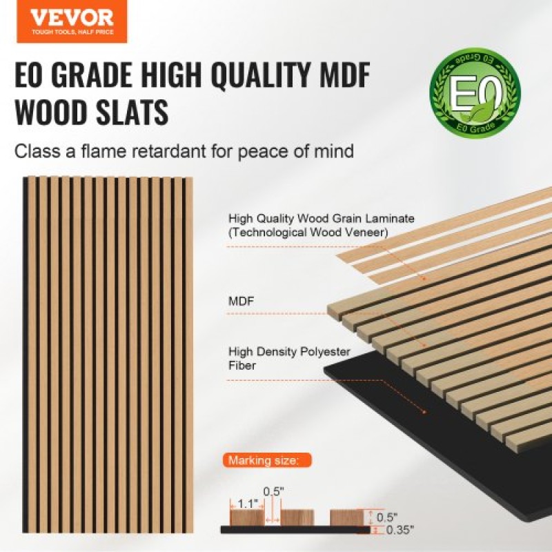 Ακουστικά πάνελ VEVOR Wood Slat, 23,6 x 47,2 ιντσών, MDF Accent Ξύλινα πάνελ τοίχου για μοντέρνα εσωτερική διακόσμηση τοίχων, πάνελ τοίχου από ψεύτικο ξύλο για μείωση θορύβου, ανοιχτόχρωμη δρυς