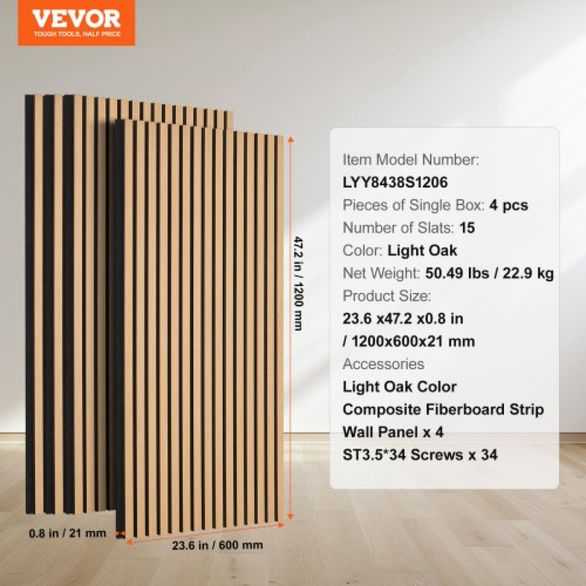 Ακουστικά πάνελ VEVOR Wood Slat, 23,6 x 47,2 ιντσών, MDF Accent Ξύλινα πάνελ τοίχου για μοντέρνα εσωτερική διακόσμηση τοίχων, πάνελ τοίχου από ψεύτικο ξύλο για μείωση θορύβου, ανοιχτόχρωμη δρυς