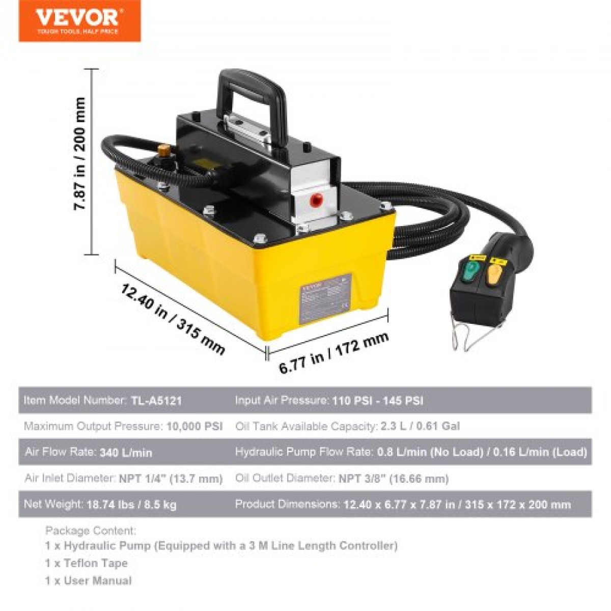 VEVOR 689 bar (10.000 PSI) υδραυλική αντλία αέρα, δεξαμενή 2,3 L (0,61 Gal), Έξοδος λαδιού NPT 9,5 mm (3/8 In), είσοδος NPT 6,4 mm (1/4 In), Πλαστική υδραυλική αντλία αέρα με τηλεχειριστήριο Automobile Actuator Actuator,