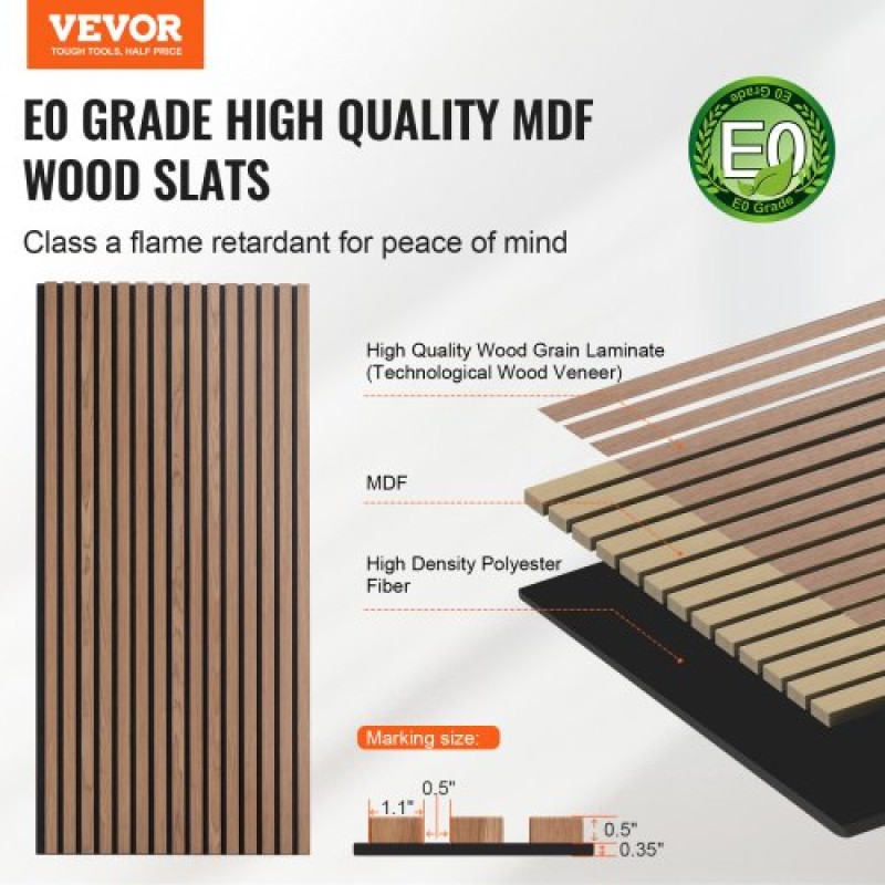 Ακουστικά πάνελ VEVOR Wood Slat, 23,6 x 47,2 ιντσών, ξύλινα πάνελ τοίχου MDF για μοντέρνο εσωτερικό τοίχο, πάνελ τοίχου από ψεύτικο ξύλο για κομψή διακόσμηση και μείωση θορύβου, καρυδιά