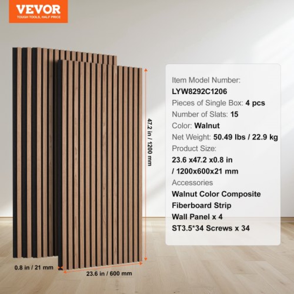 Ακουστικά πάνελ VEVOR Wood Slat, 23,6 x 47,2 ιντσών, ξύλινα πάνελ τοίχου MDF για μοντέρνο εσωτερικό τοίχο, πάνελ τοίχου από ψεύτικο ξύλο για κομψή διακόσμηση και μείωση θορύβου, καρυδιά