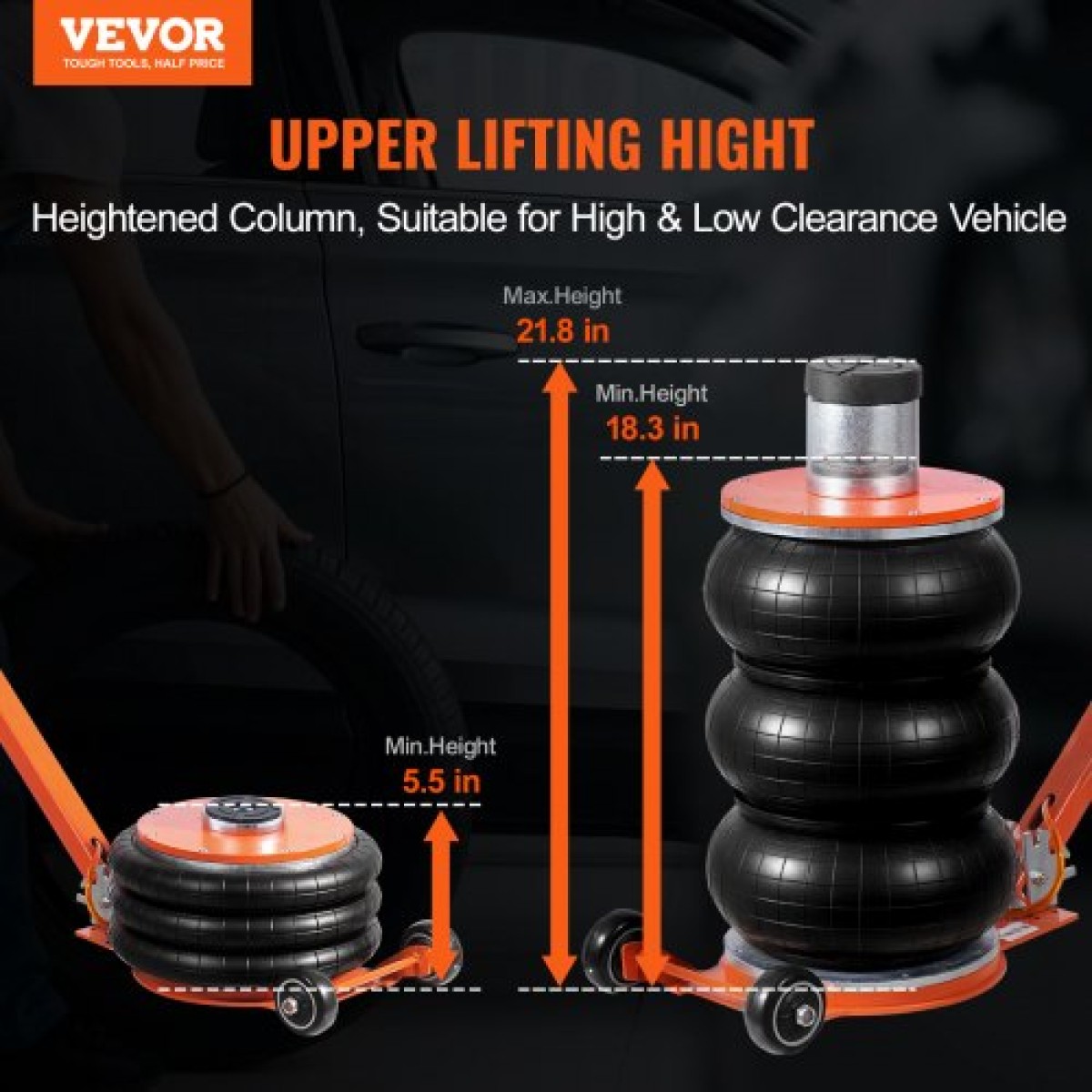 VEVOR Air Jack, 5 Ton/11000 lbs, Πνευματικός γρύλος ανύψωσης 4-10 S με ψηλή στήλη & ρυθμιζόμενη λαβή, γρύλος εύκολος στην ανύψωση & εξοικονόμηση χώρου με παχύ λαστιχένιο μαξιλαράκι, ταιριάζει για Sedan, SUV, φορτηγό pickup