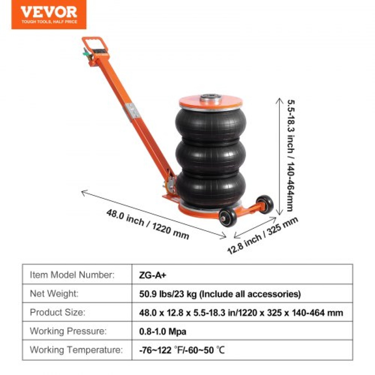 VEVOR Air Jack, 5 Ton/11000 lbs, Πνευματικός γρύλος ανύψωσης 4-10 S με ψηλή στήλη & ρυθμιζόμενη λαβή, γρύλος εύκολος στην ανύψωση & εξοικονόμηση χώρου με παχύ λαστιχένιο μαξιλαράκι, ταιριάζει για Sedan, SUV, φορτηγό pickup