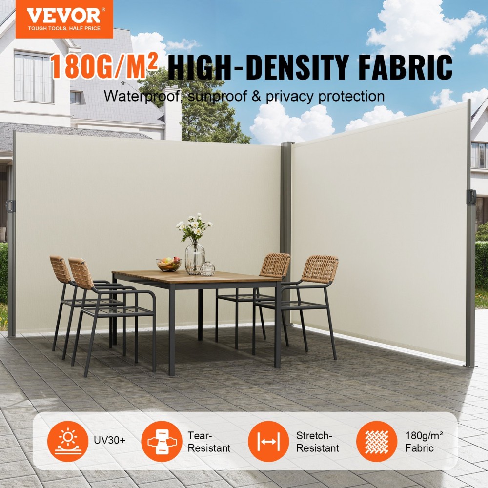 Πτυσσόμενη πλαϊνή τέντα VEVOR, 79''x 236'' Outdoor Privacy Screen, 180g Polyester-proof retractable Patio Screen, UV 30+ Room Divider Windscreen για Αίθριο, Πίσω αυλή, Μπαλκόνι, Μπεζ