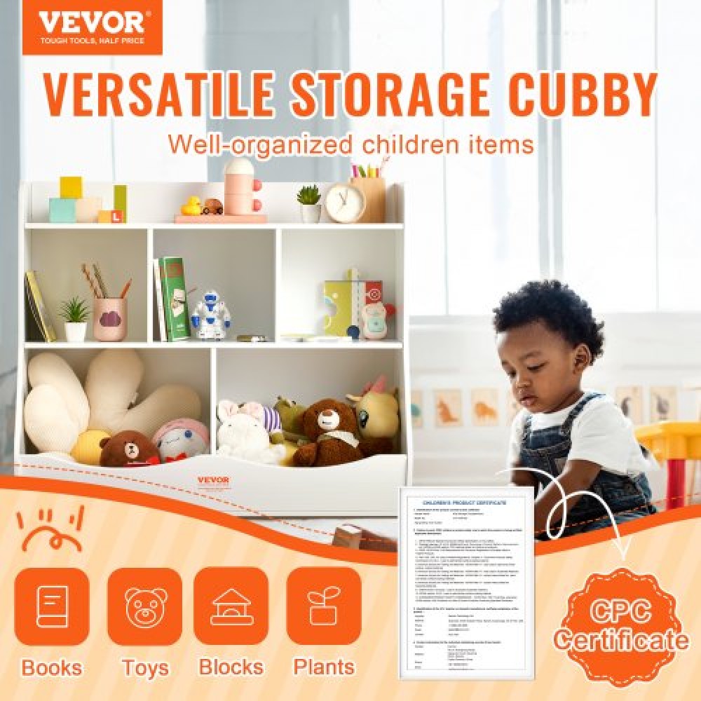 VEVOR Wood Kid Storage Cubby, Organizer αποθήκευσης παιχνιδιών με ράφι, 5-Cubby Ξύλινο ντουλάπι αποθήκευσης παιχνιδιών, Παιδικό ράφι παιχνιδιών βιβλίων για παιδικό δωμάτιο, Παιδικός χώρος, νηπιαγωγείο, νηπιαγωγείο, λευκό